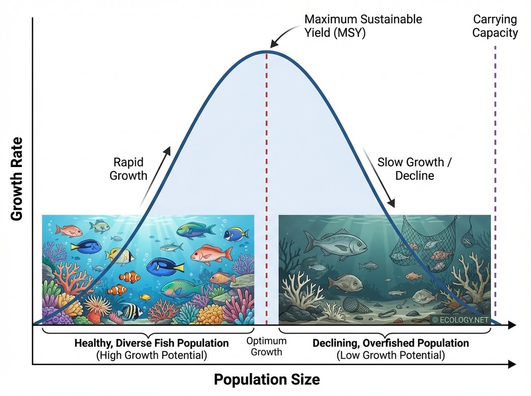 Diagram showing a bell-shaped curve for fish population growth, illustrating Maximum Sustainable Yield (MSY) at the peak and Carrying Capacity where growth is zero.