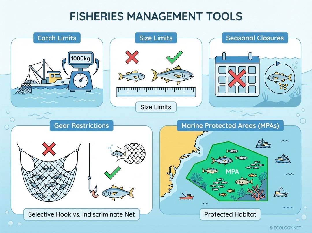 Infographic showing various fisheries management tools: Catch Limits, Size Limits, Seasonal Closures, Gear Restrictions, and Marine Protected Areas (MPAs).