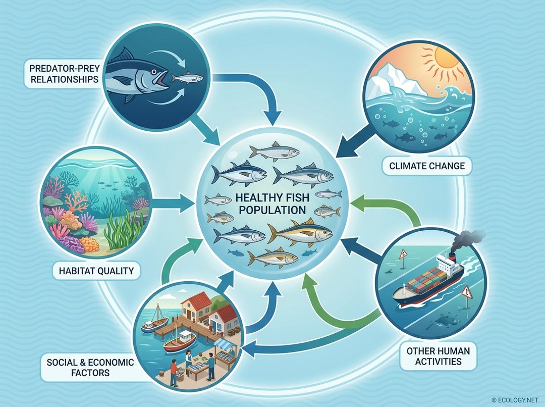 Diagram illustrating Ecosystem-Based Fisheries Management (EBFM), showing a central fish population connected to Predator-Prey Relationships, Habitat Quality, Climate Change, Other Human Activities, and Social & Economic Factors.