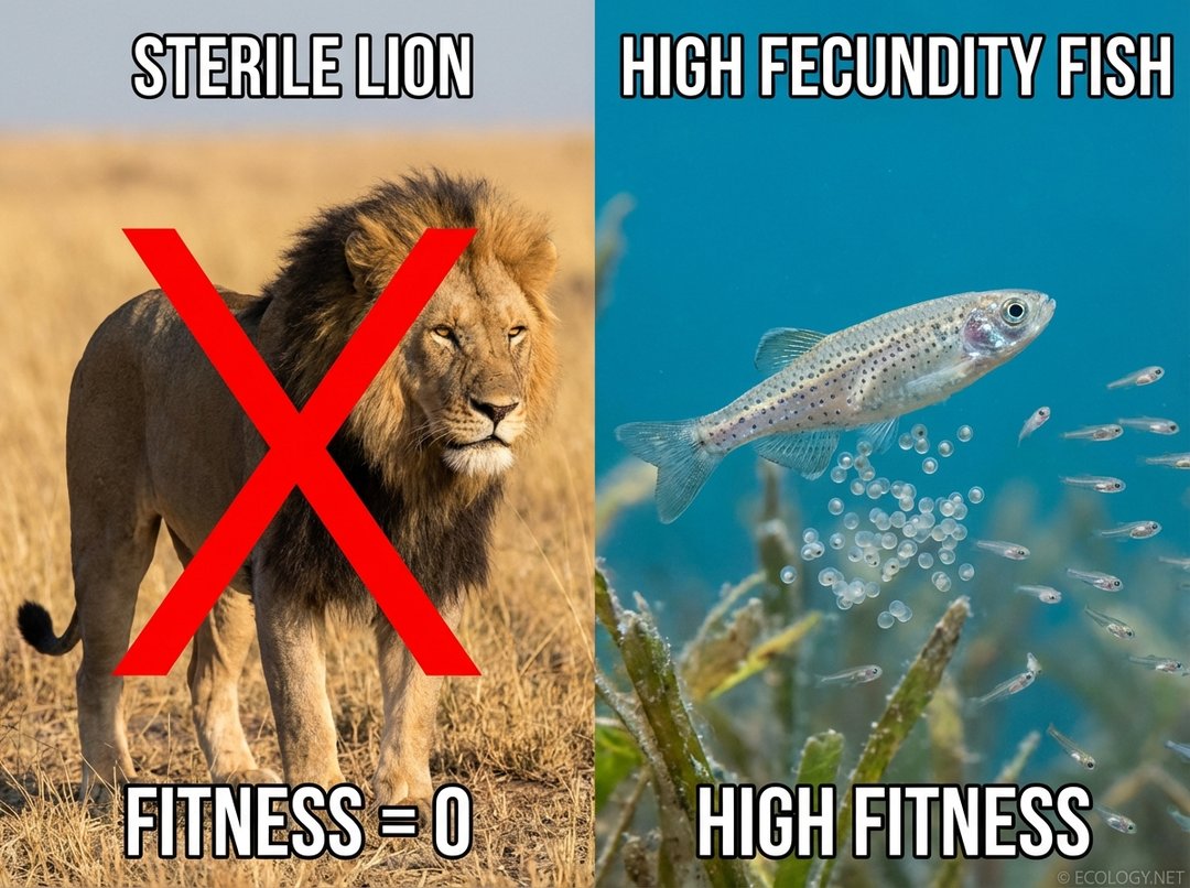 Split image contrasting a sterile, muscular lion with a highly fecund fish laying eggs, illustrating ecological fitness as reproductive success.