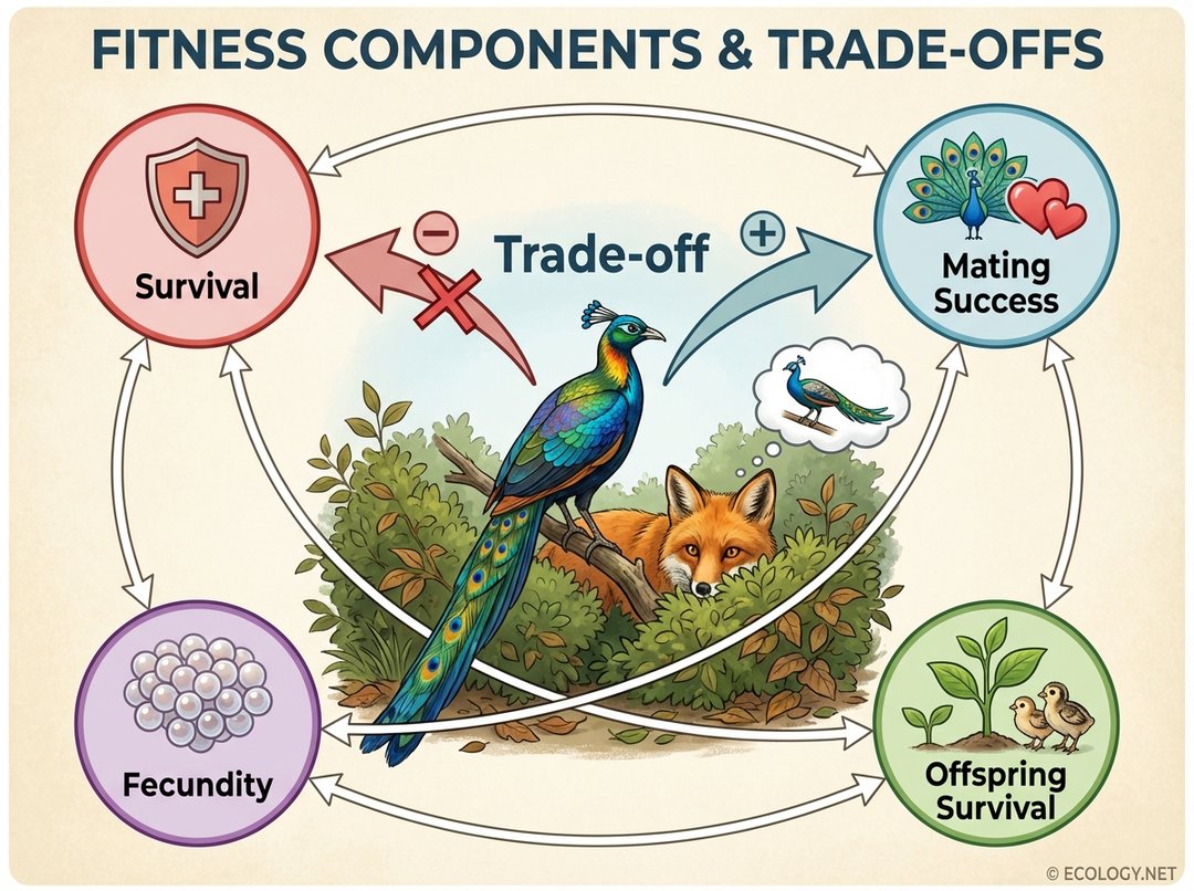 Diagram showing interconnected components of ecological fitness: Survival, Mating Success, Fecundity, and Offspring Survival, with a bird and predator illustrating a trade-off.