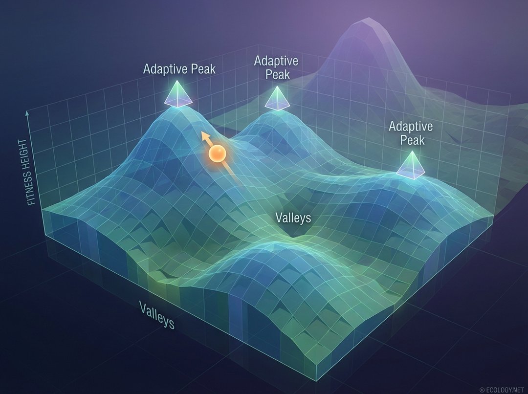 3D illustrative diagram of a fitness landscape with hills and valleys, showing an organism moving towards an adaptive peak, representing evolutionary optimization.
