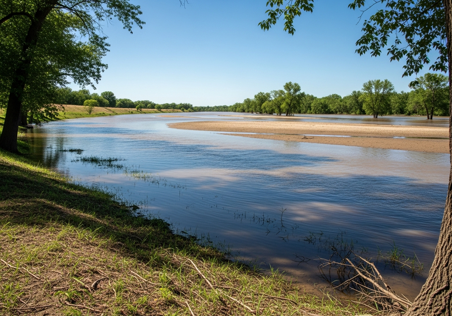 A wide river swollen with water overtopping its banks, flowing onto a flat, wet floodplain covered in fine sediment with scattered trees and grasses under a sunny sky.