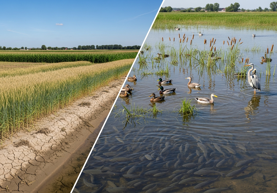 A split-screen image showing a dry floodplain on the left with cultivated fields of wheat and corn, and the same floodplain on the right after a flood, transformed into a shallow wetland with cattails, reeds, waterfowl, and visible fish.
