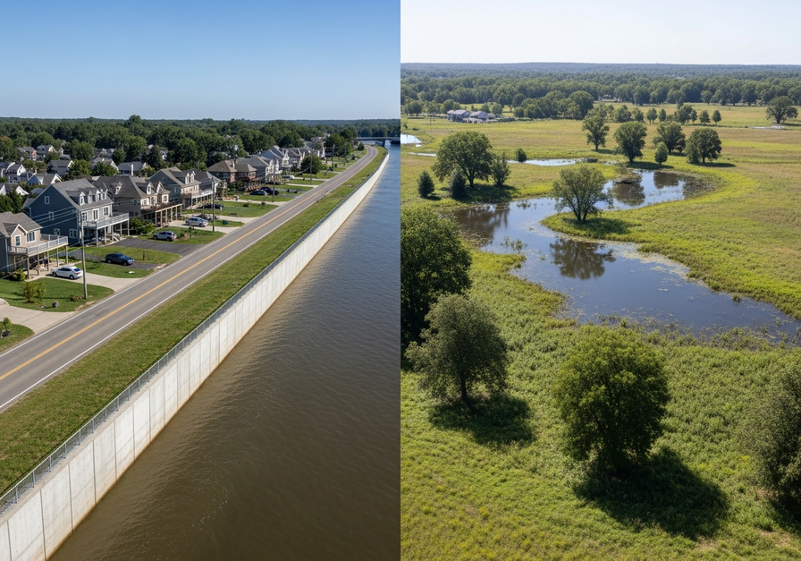 A split-screen image showing an engineered concrete levee along a river in a suburban area on the left, and a restored wetland with dense vegetation and shallow water within a floodplain on the right.