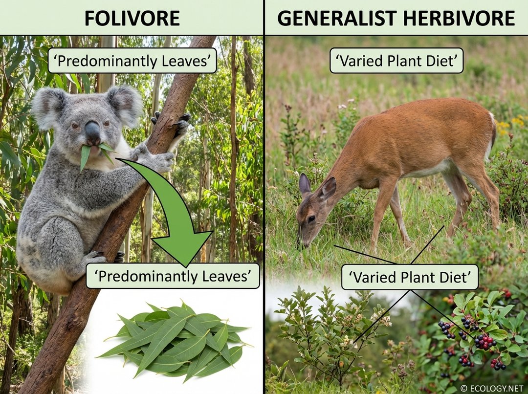 Diagram comparing a folivore (koala eating leaves) and a generalist herbivore (deer eating varied plants.