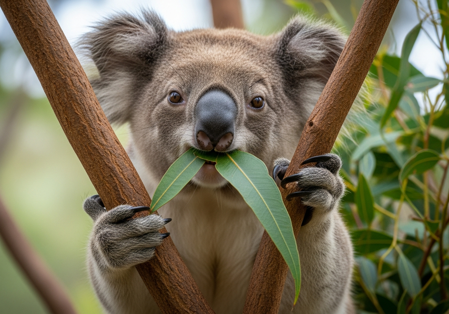 Close-up of a koala chewing a eucalyptus leaf, showing its textured fur, sharp molars, and the green leaf with prominent veins.