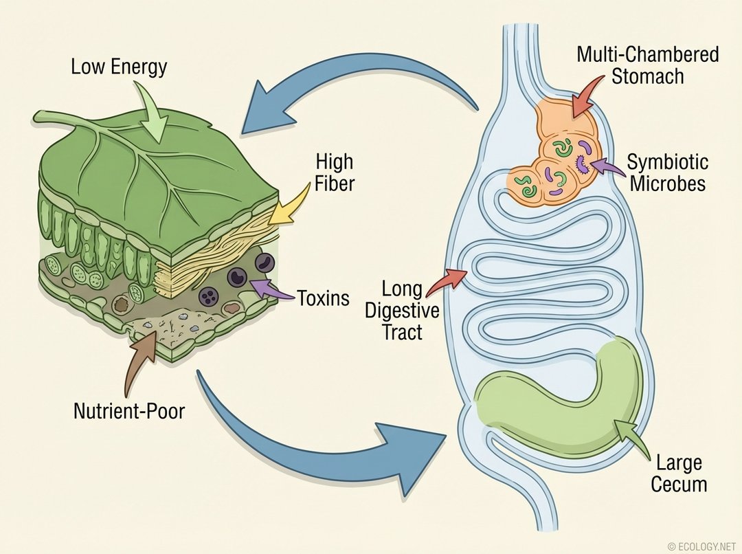 Scientific diagram illustrating challenges of a leafy diet (low energy, high fiber, toxins) and folivore digestive adaptations (long tract, multi-chambered stomach, microbes).