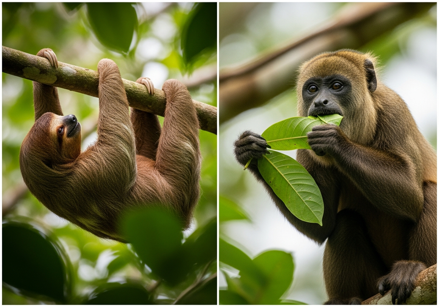 Split-screen image showing a sloth resting upside-down on a branch on the left, and a howler monkey actively foraging for leaves on the right.