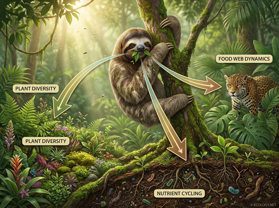 Illustrative diagram showing a sloth eating leaves and its ecological roles: promoting plant diversity, nutrient cycling, and food web dynamics.
