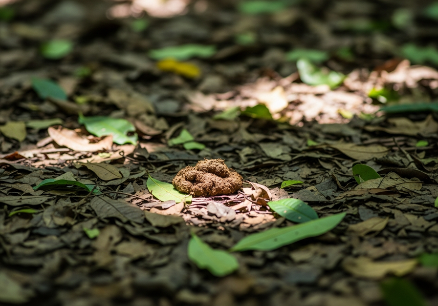 Close-up of a tropical rainforest floor showing green leaf litter with a small pile of brown fecal matter from a folivorous primate.