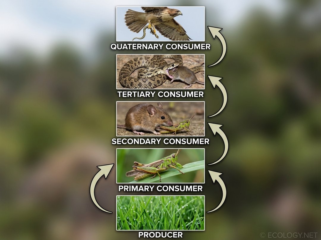 Diagram illustrating a simple food chain from grass to hawk, showing producers and various levels of consumers.