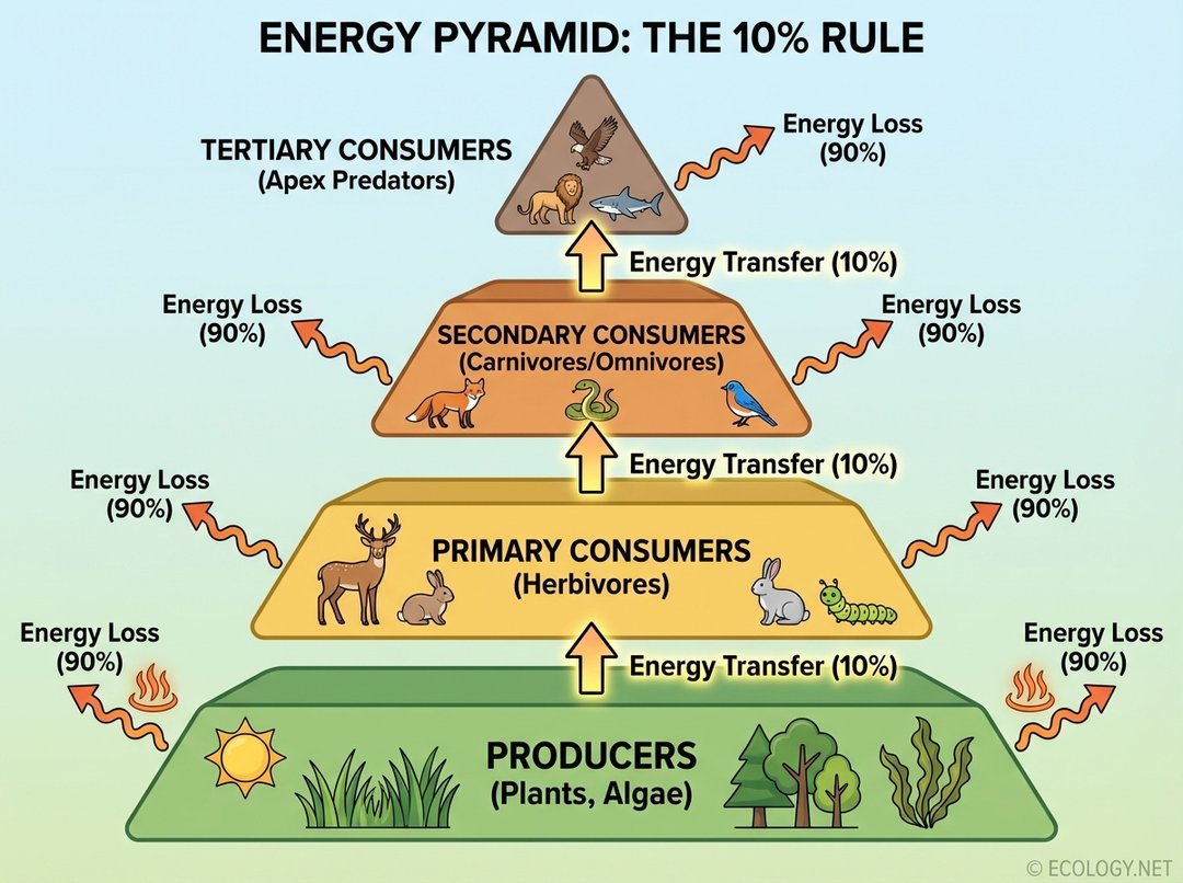 Energy pyramid diagram demonstrating the 10% rule of energy transfer between trophic levels.
