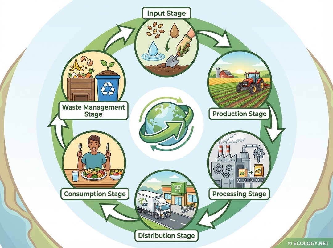 Diagram illustrating the six circular stages of a food system: Input, Production, Processing, Distribution, Consumption, and Waste Management.