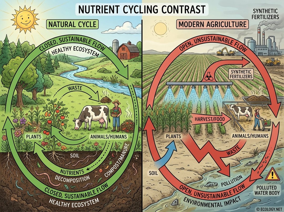 Diagram contrasting natural, closed-loop nutrient cycling with open, pollution-generating nutrient cycling in modern agriculture.