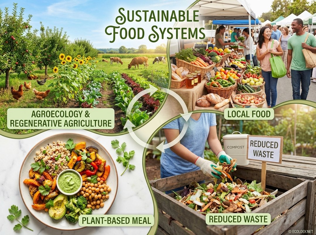 Montage illustrating sustainable food system pillars: diverse farm, local market, compost bin, and plant-based meal.