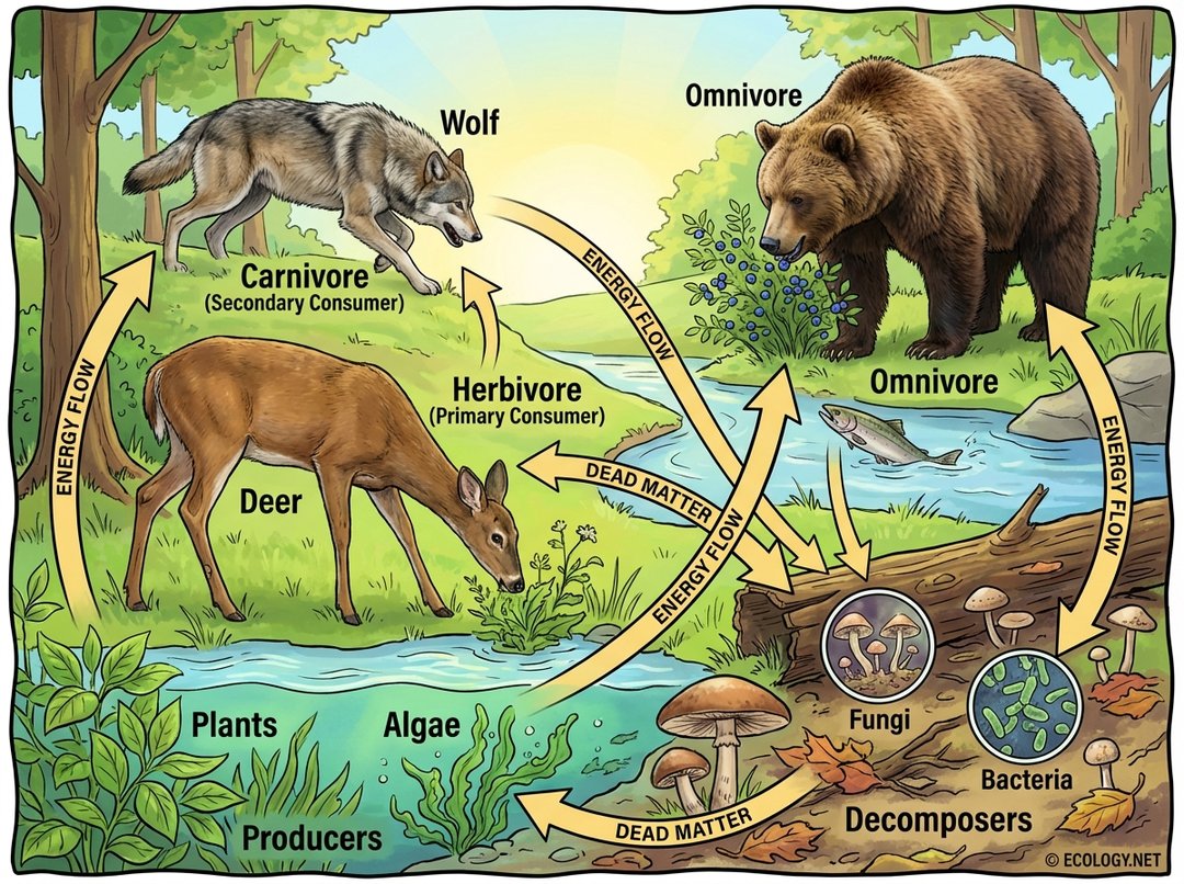 Illustrative diagram showing different trophic levels in an ecosystem: producers, primary consumers, secondary consumers, omnivores, and decomposers.