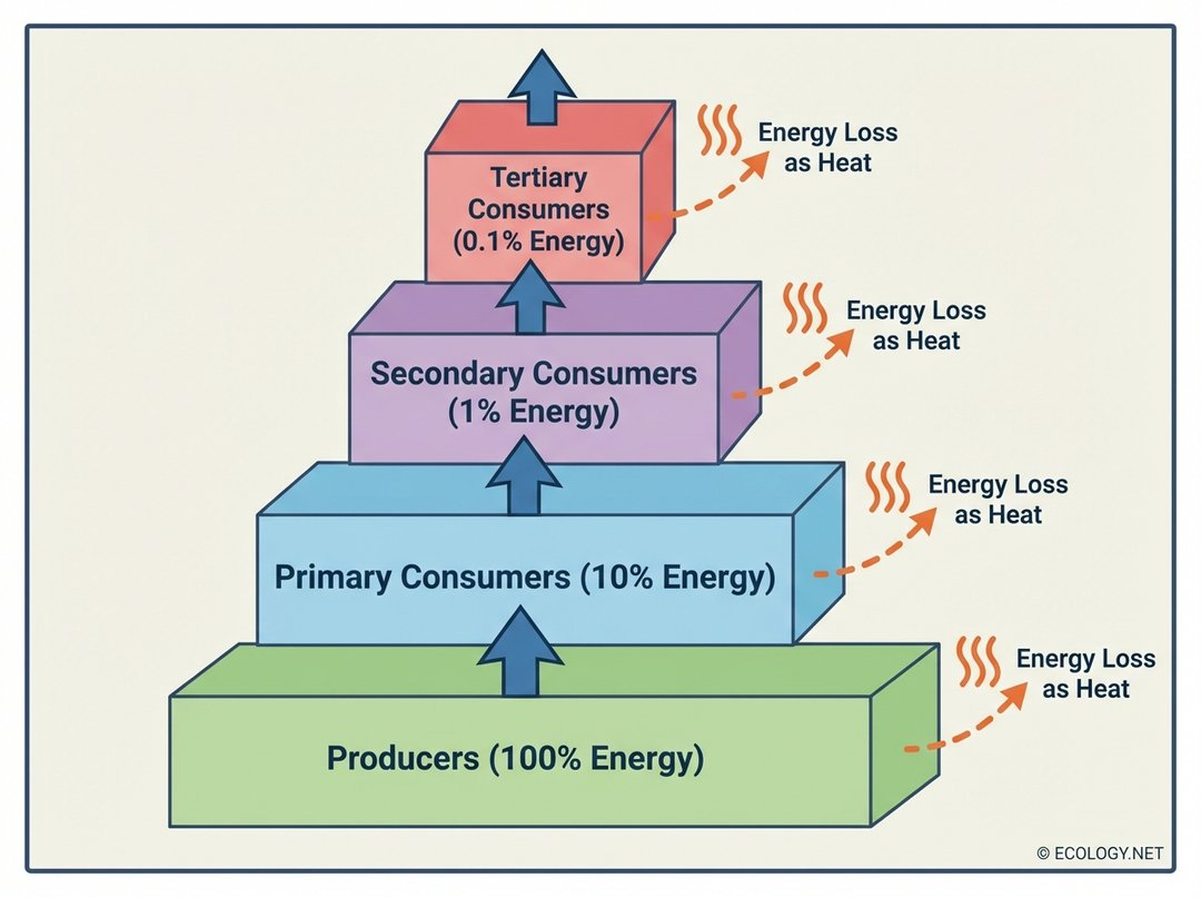 Energy pyramid diagram illustrating the 10% rule of energy transfer across trophic levels, showing energy loss as heat.