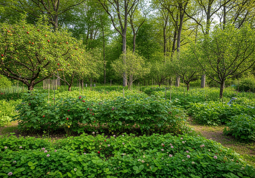 A panoramic view of a mature forest garden showing distinct vertical layers from groundcover to tall fruit trees.