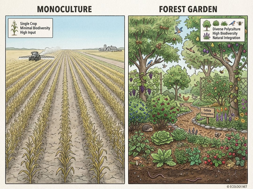 Comparison diagram showing a sterile monoculture field next to a vibrant, diverse forest garden.