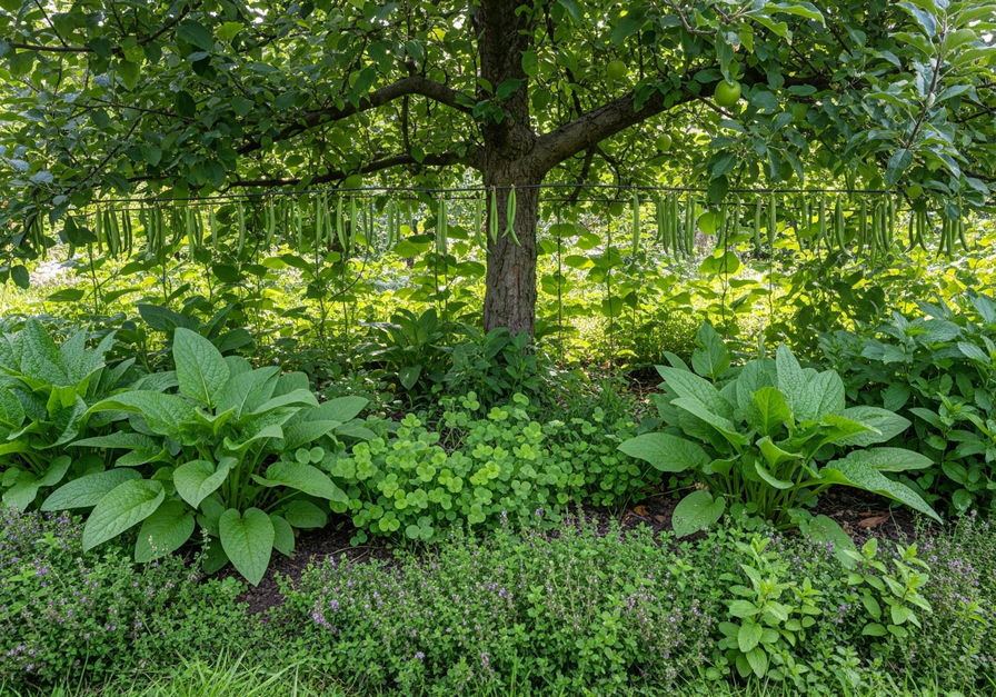 A close-up of an apple tree guild with comfrey, clover, beans, thyme, and mint growing harmoniously around the tree.