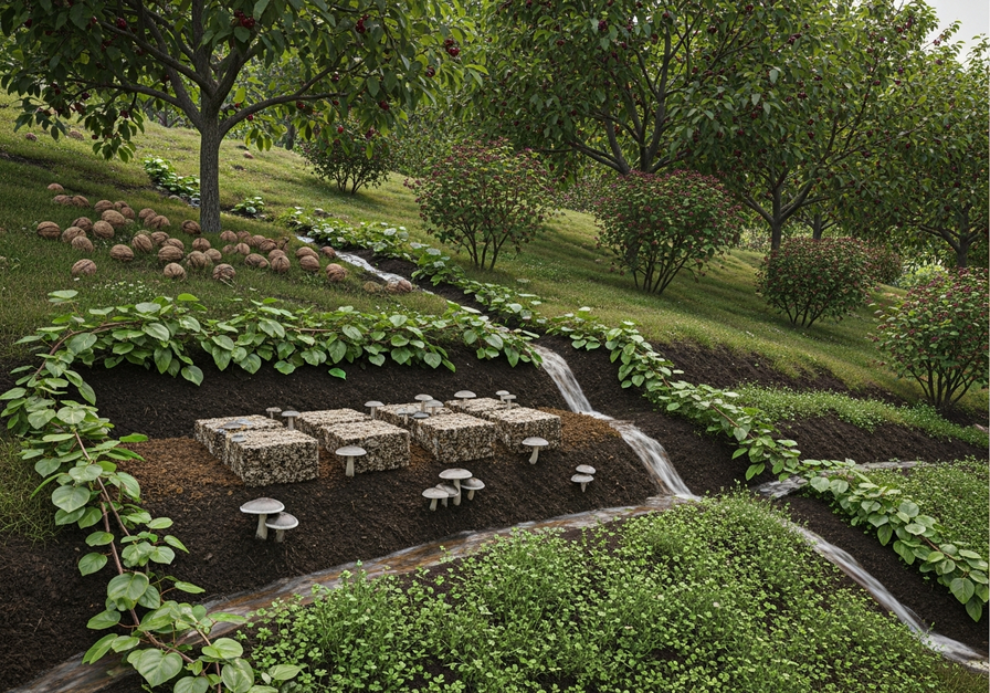A forest garden featuring a rainwater harvesting swale with cultivated mushrooms and hardy kiwi vines.