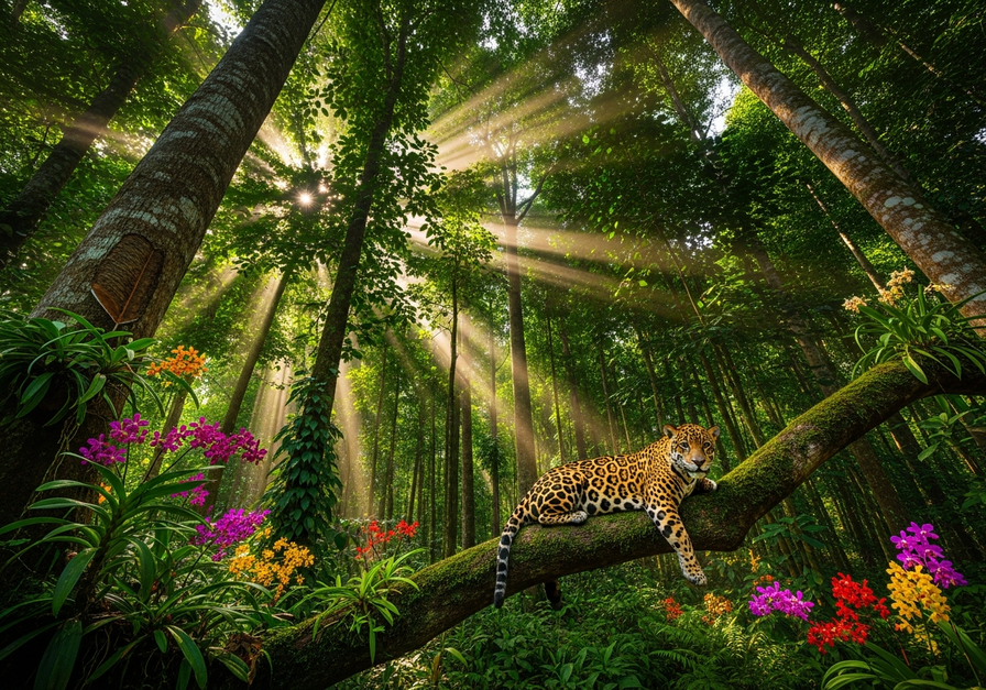 A vivid tropical rainforest canopy with towering trees, dense foliage, shafts of warm sunlight, bright orchids, ferns, and a jaguar perched among the branches.