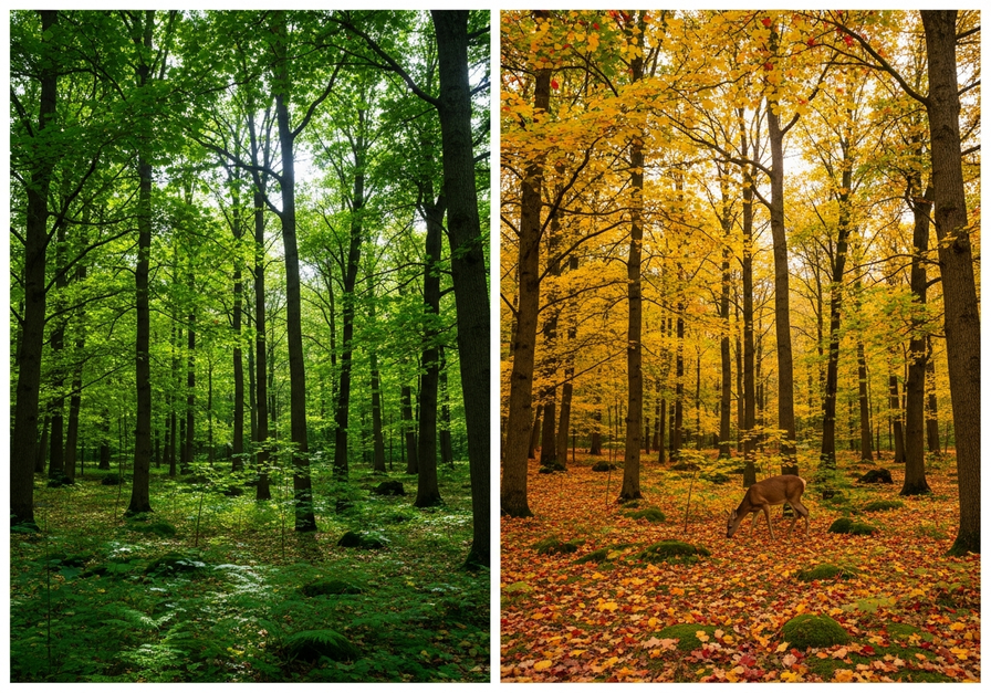 A split image showing a temperate deciduous forest in midsummer with green leaves and dappled light on the left, and the same forest in autumn with golden and crimson leaf litter and a deer on the right.