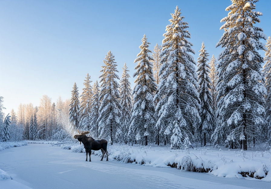 A panoramic winter scene of a boreal taiga under a clear blue sky, with tall spruce and fir trees blanketed in fresh snow, a moose standing near a frozen stream, and distant birch trunks.