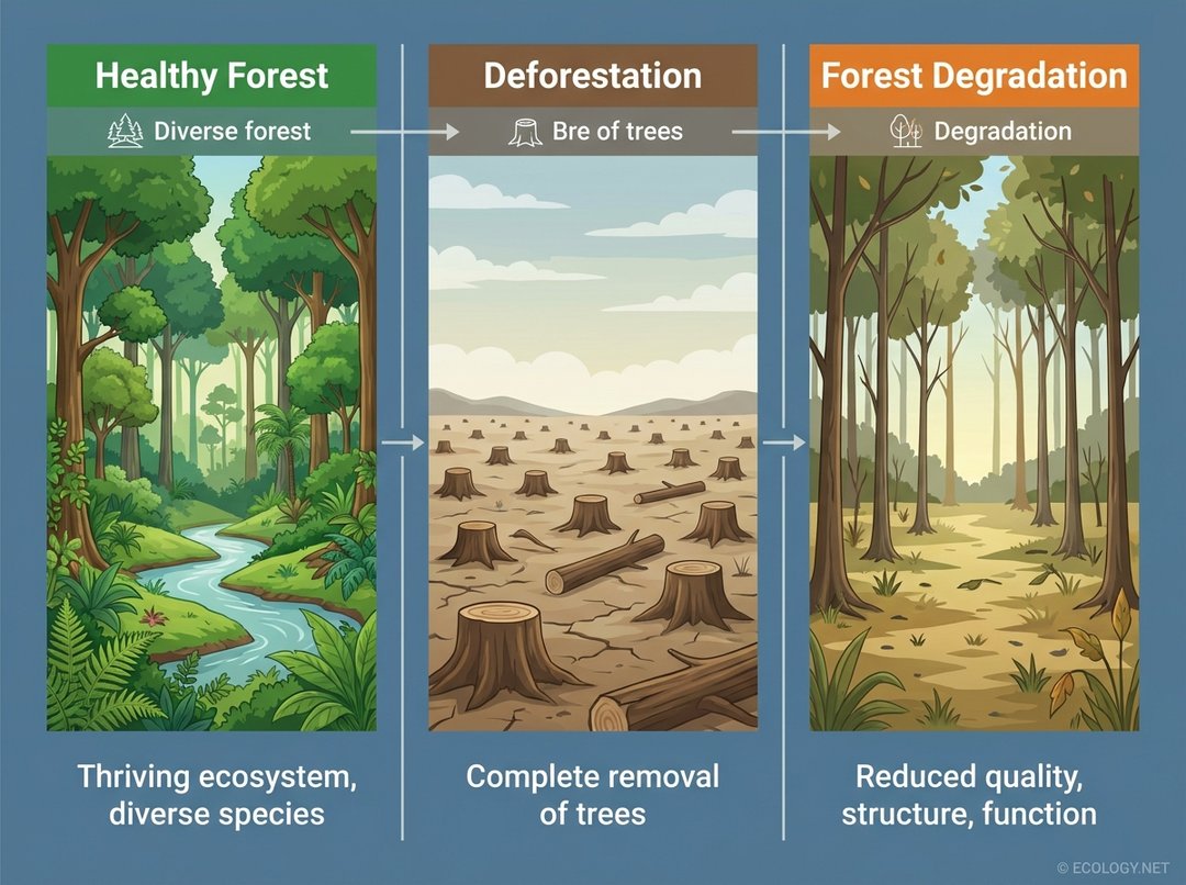 Diagram comparing a healthy, dense forest, a clear-cut deforested area, and a degraded forest with scattered, unhealthy trees.