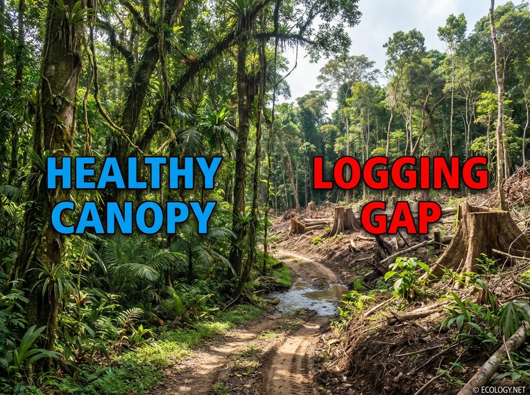 Photo-realistic image of a tropical forest showing a dense, healthy canopy on one side and a noticeable gap with disturbed undergrowth from selective logging on the other.