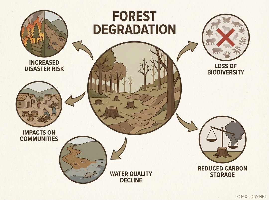 Illustrative diagram showing a degraded forest in the center with arrows pointing to icons representing five consequences: Loss of Biodiversity, Reduced Carbon Storage, Water Quality Decline, Impacts on Communities, and Increased Disaster Risk.