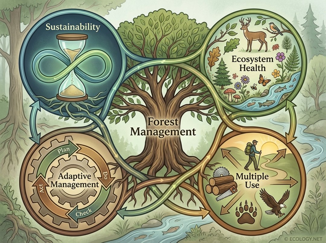 Diagram illustrating the core principles of forest management: Sustainability, Ecosystem Health, Multiple Use, and Adaptive Management.