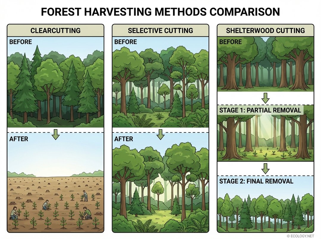 Diagram comparing three forest harvesting methods: Clearcutting, Selective Cutting, and Shelterwood Cutting.