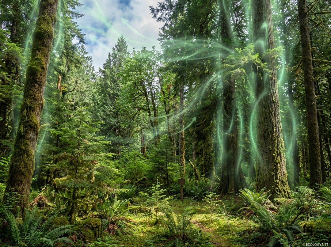 Photo-realistic image of a healthy forest with ethereal green arrows showing carbon dioxide absorption, illustrating carbon sequestration.