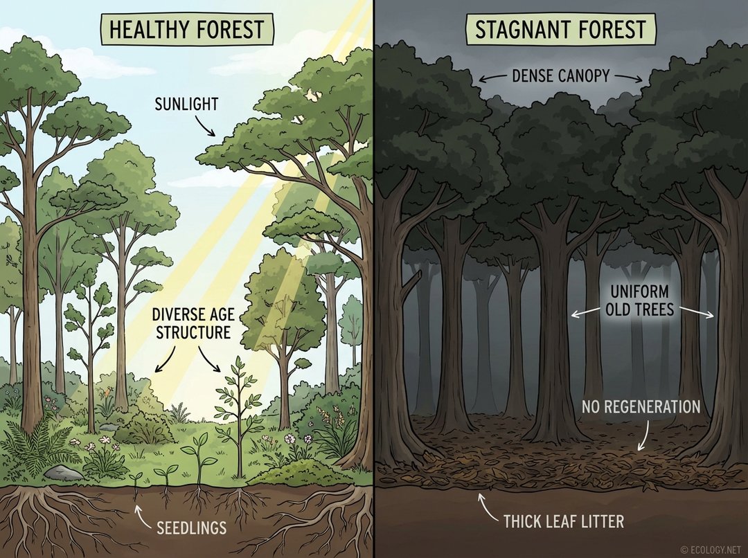 An illustrative diagram comparing a healthy forest with diverse tree ages and sunlight penetration to a stagnant forest with uniform old trees and no regeneration.