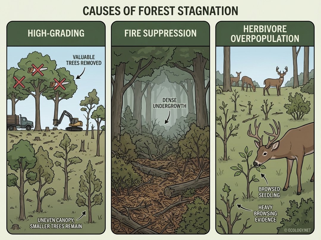 An illustrative diagram showing three causes of forest stagnation: high-grading with valuable trees removed, fire suppression with dense undergrowth, and herbivore overpopulation with a browsed seedling.