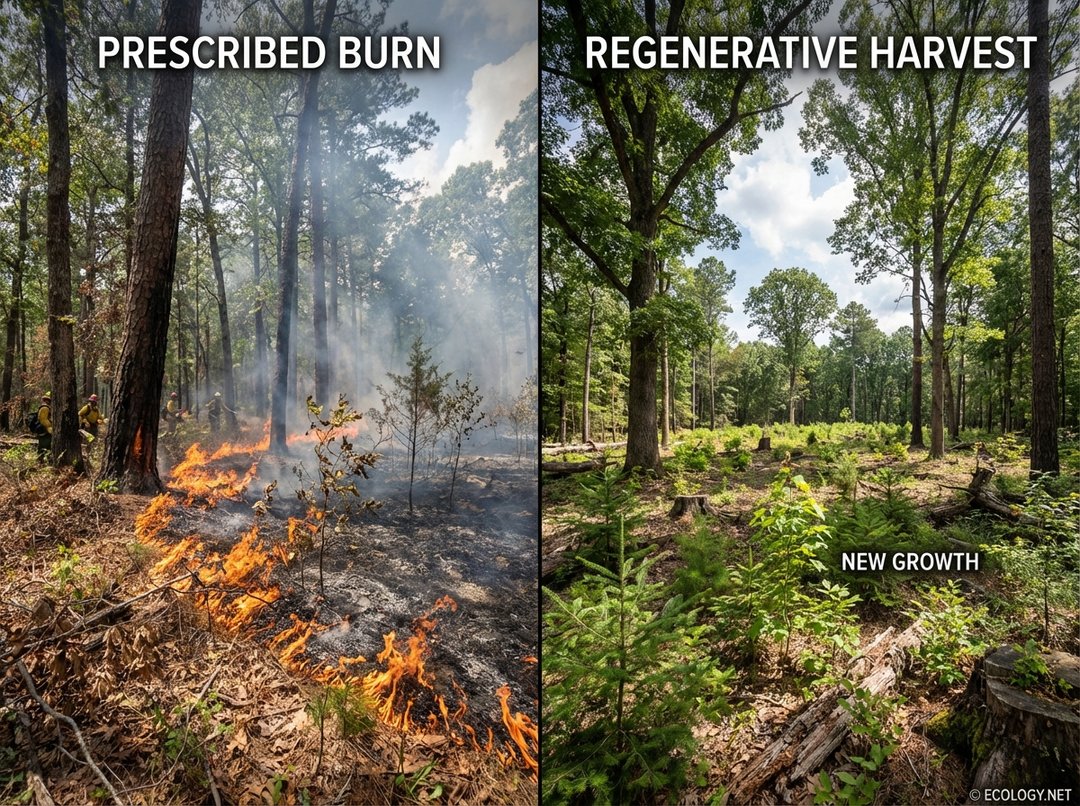 A photo-realistic image showing two forest restoration strategies: a prescribed burn clearing understory and a regenerative harvest with canopy gaps and new growth.