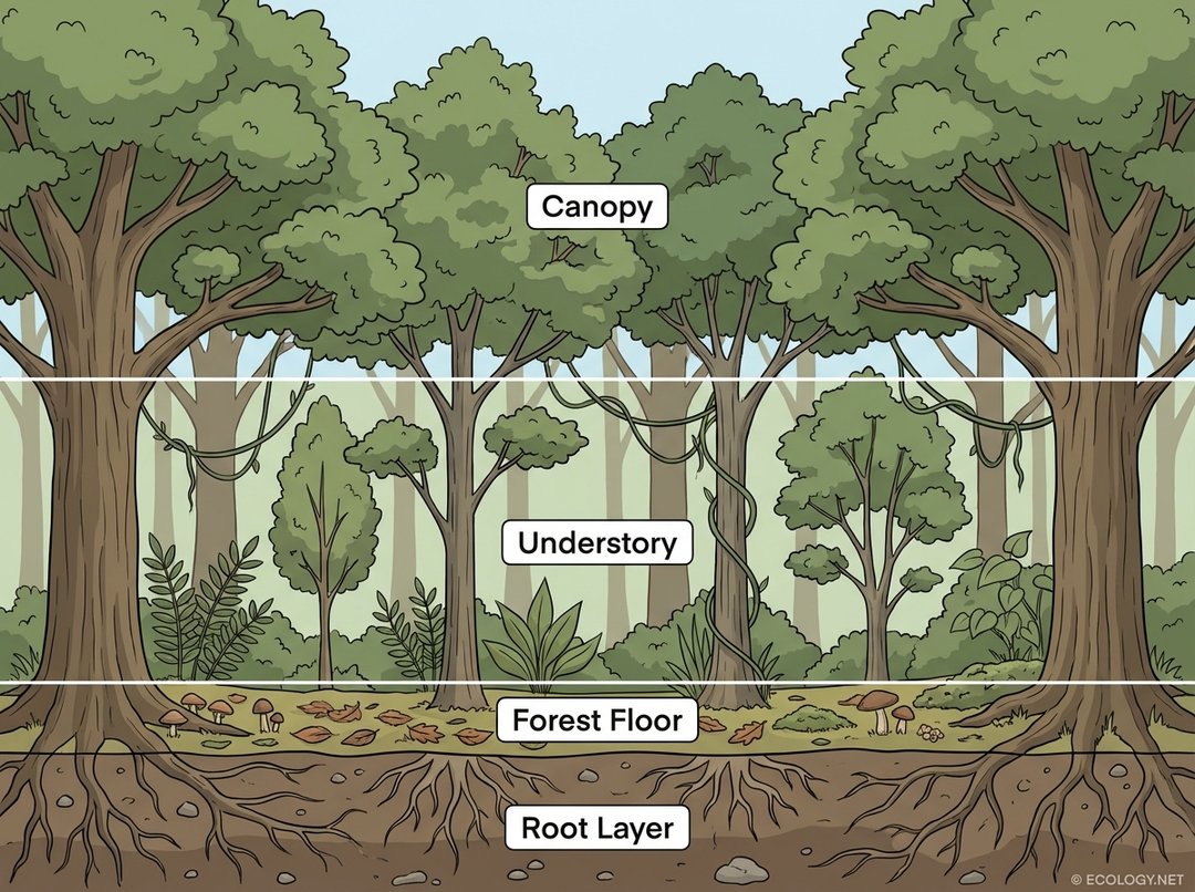 Diagram illustrating the vertical layers of a forest: Canopy, Understory, Forest Floor, and Root Layer.