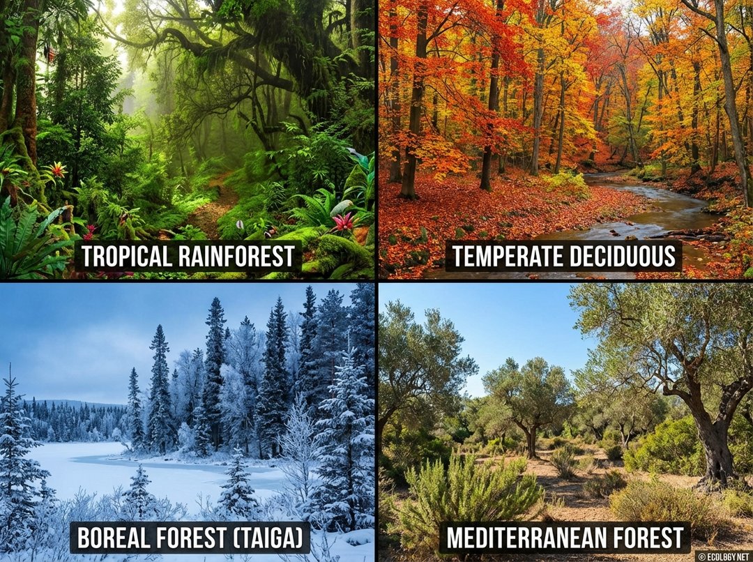 Collage showing four distinct global forest types: Tropical Rainforest, Temperate Deciduous, Boreal Forest, and Mediterranean Forest.