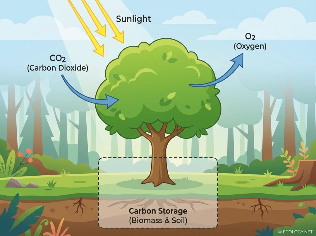 Diagram illustrating a tree absorbing CO2 and sunlight, releasing O2, and storing carbon in biomass and soil.