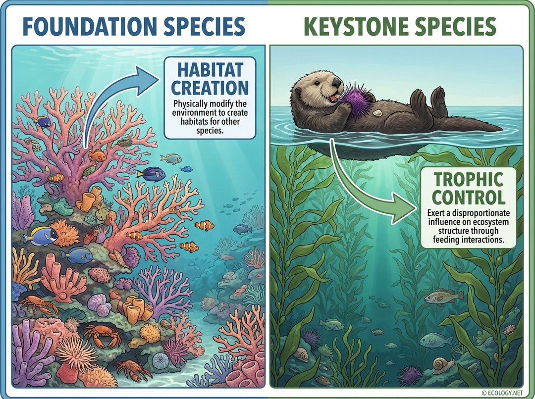 Diagram comparing foundation species (coral reef, habitat creation) and keystone species (sea otter, trophic control).