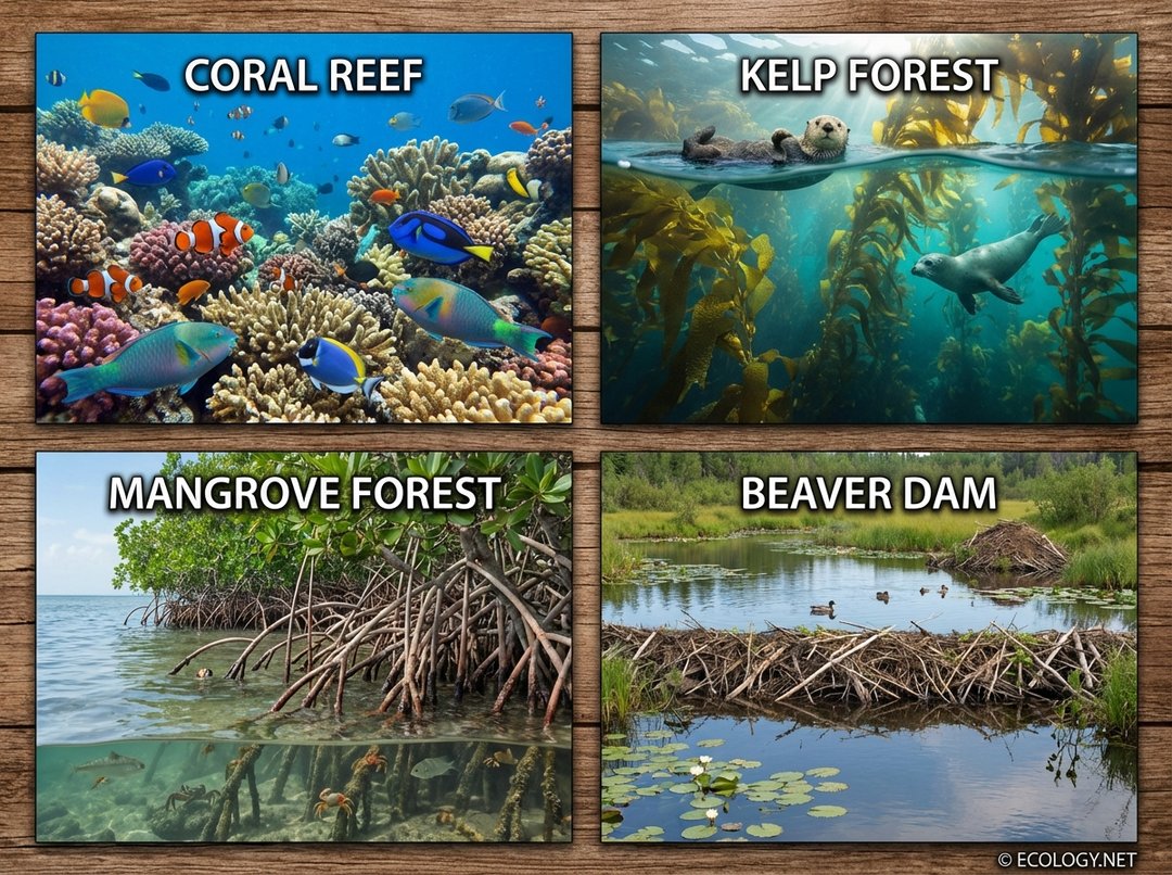 Collage of diverse foundation species: coral reef, kelp forest, mangrove forest, and beaver dam.
