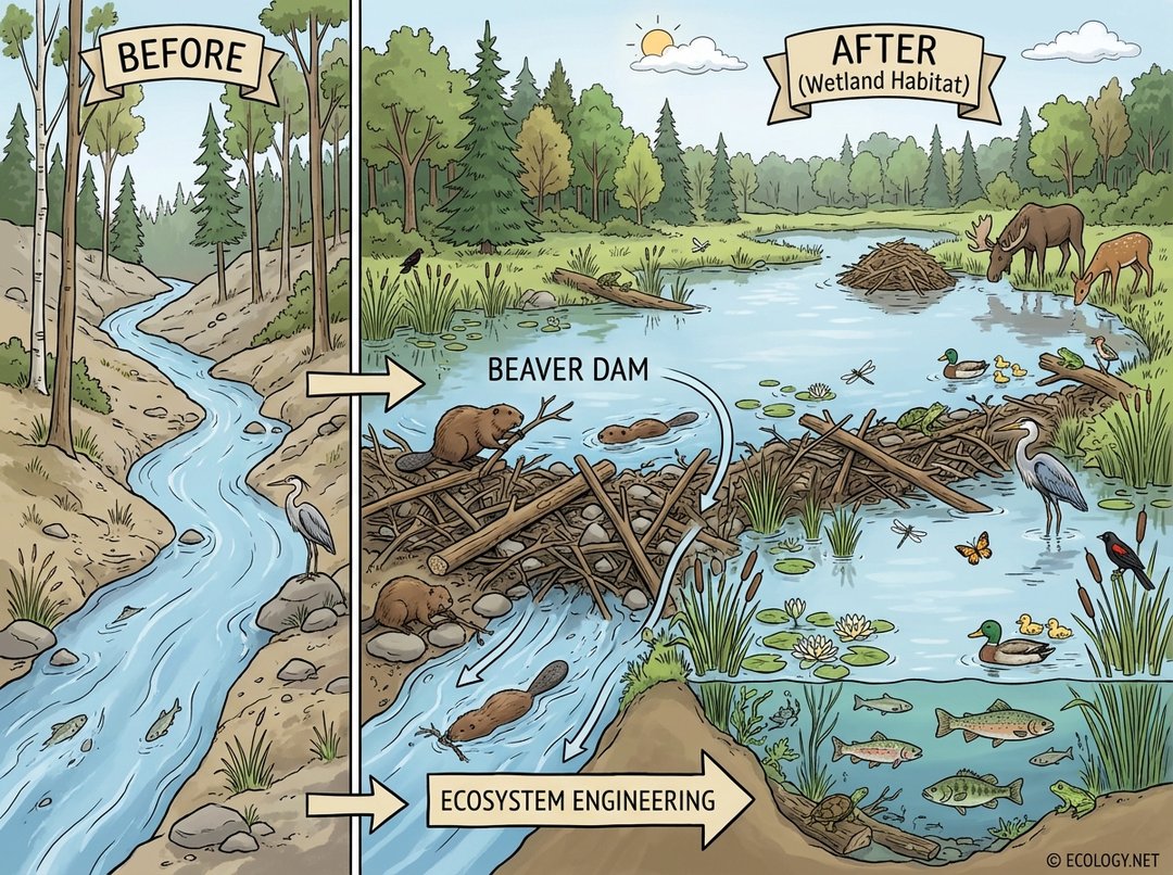 Illustrative diagram showing a beaver transforming a river into a wetland habitat through dam construction.