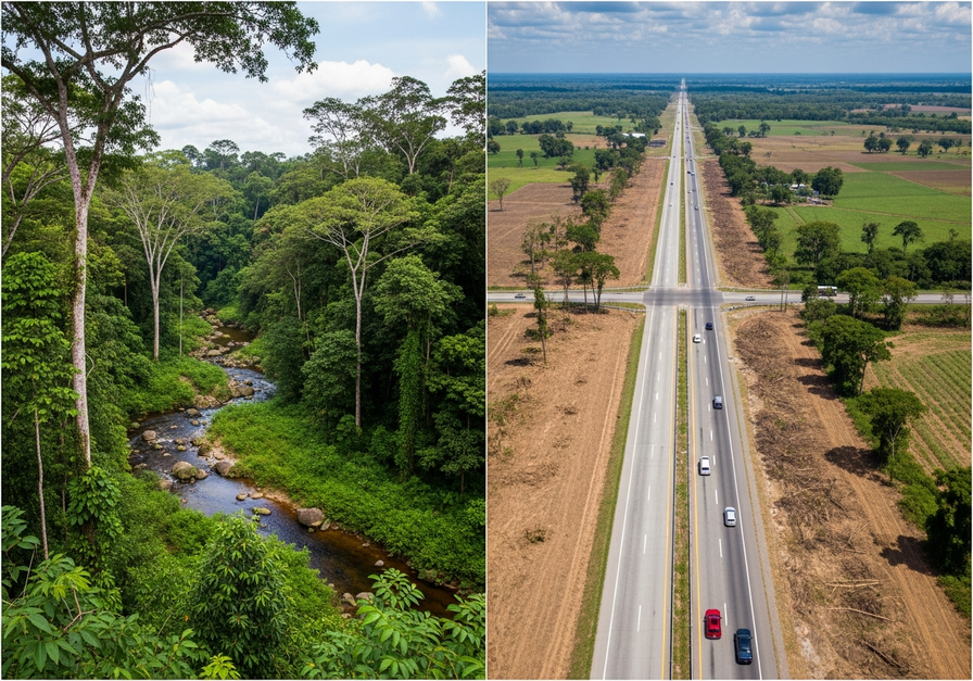 Split-screen image showing a lush rainforest before and after fragmentation by a concrete highway and agricultural fields.