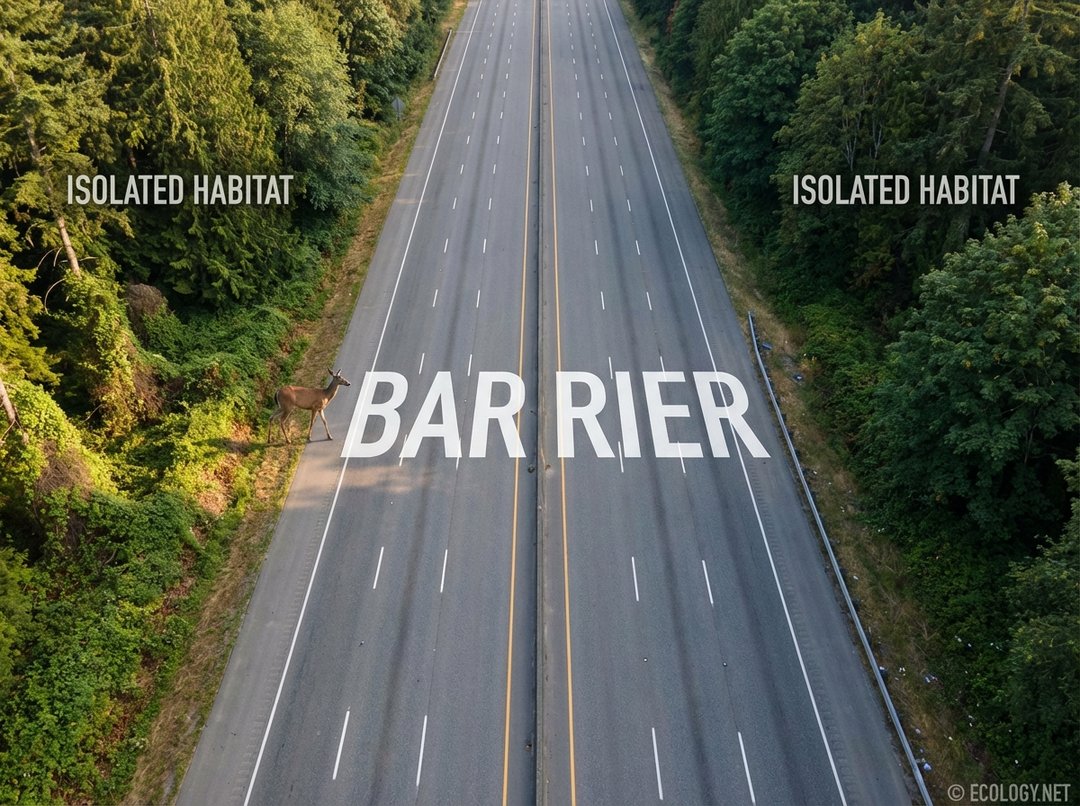 A deer hesitates at the edge of a forest, facing a wide highway barrier.