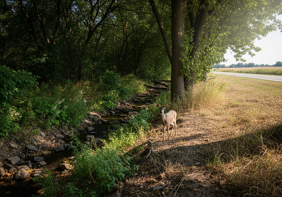 Forest edge showing dry soil, invasive plants, and a deer near a road, contrasting with the moist interior.