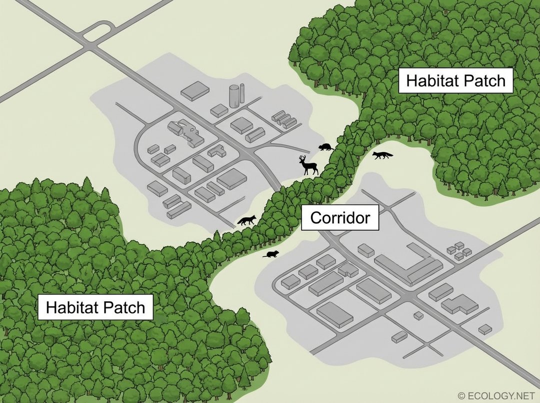 Diagram illustrating a green habitat corridor connecting two isolated forest patches.