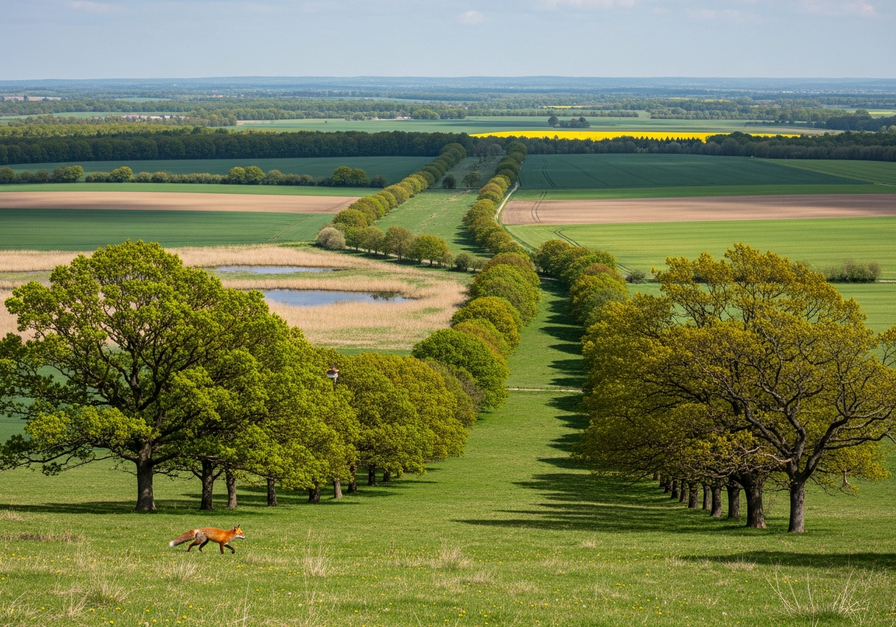 Panoramic view of a forest corridor, with a red fox, linking two large forest patches across farmland.