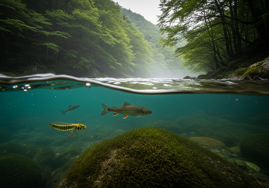 A clear, fast-flowing river with a fish and insect, illustrating dynamic river environments.